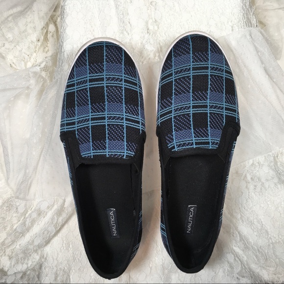 Nautica Shoes - Nautical Sunchaser Blue Plaid Canvas Shoes Slip On Women’s Boat Lace-Less